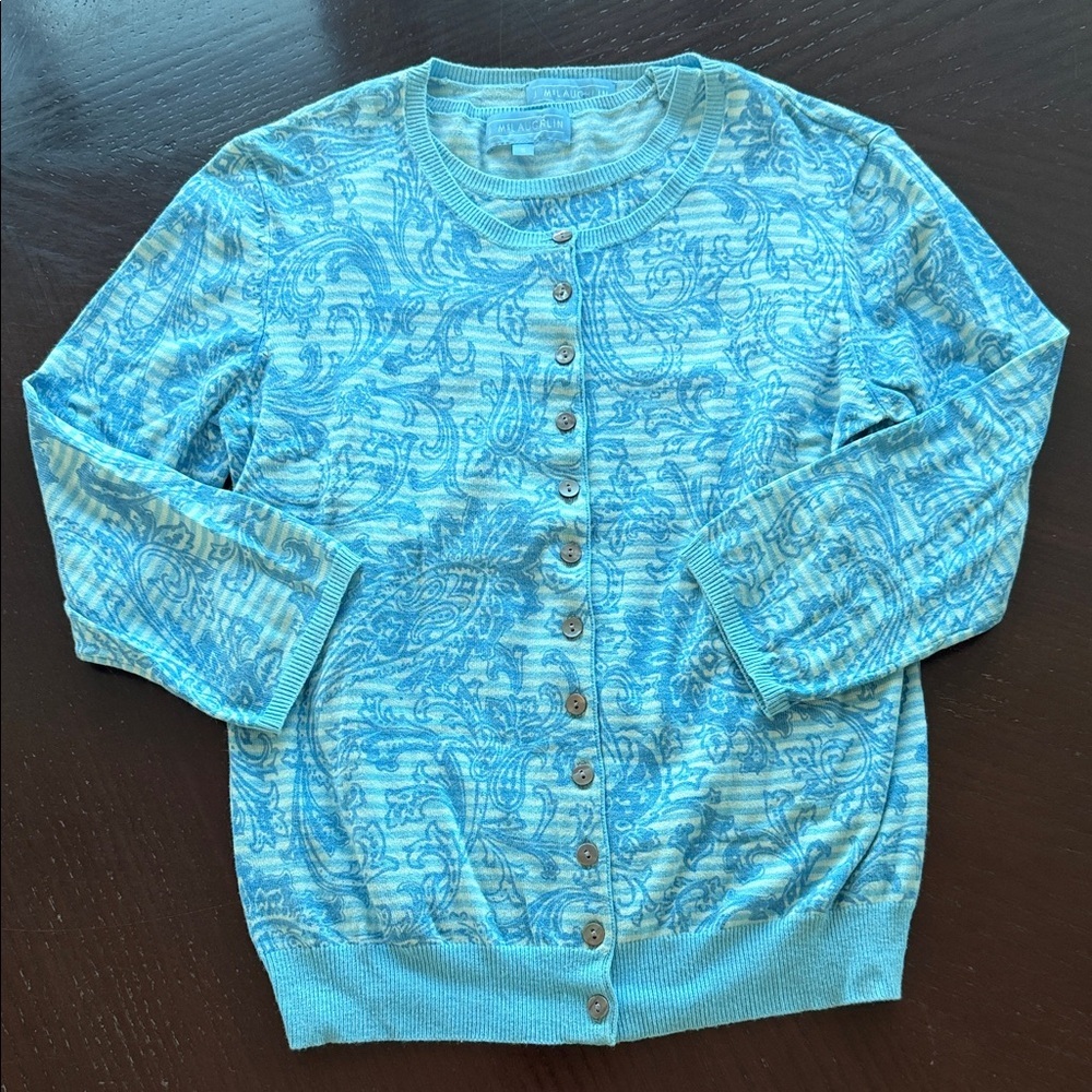 J. McLaughlin Aqua Paisley Cardigan and top set